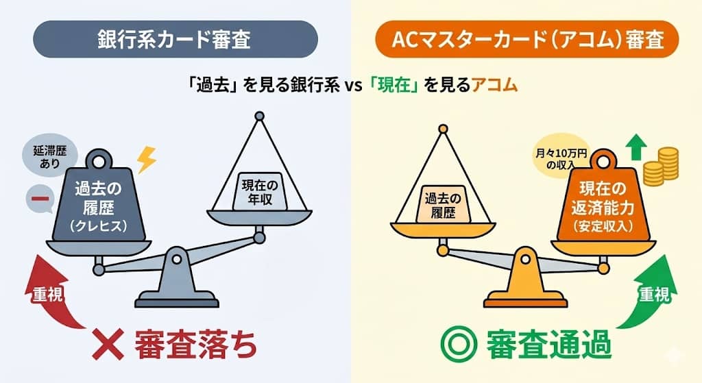 銀行系カードとACマスターカードの審査ウェイト比較図