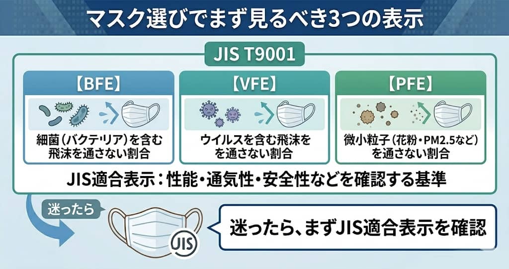 BFE・VFE・PFEとJIS T9001の関係をやさしく伝える図解