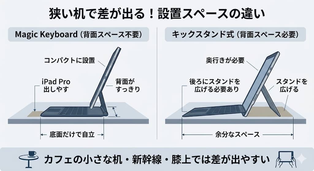 Magic Keyboardとキックスタンド式の設置スペース比較