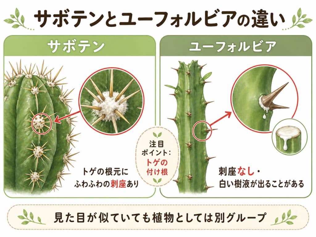 サボテンとユーフォルビアの見分け方（刺座の比較）