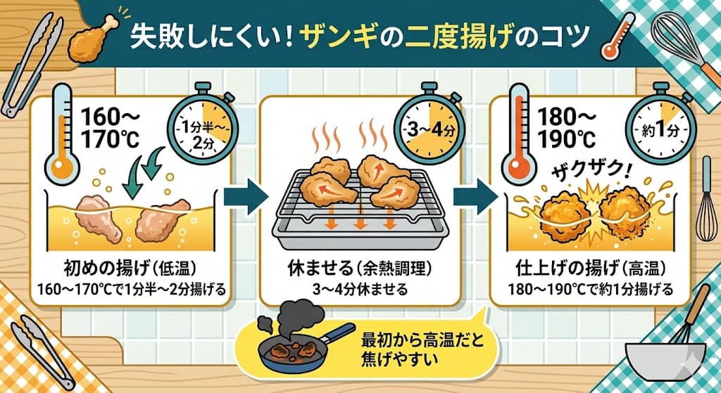 ザンギをザクザク＆ジューシーに仕上げる二度揚げの流れ