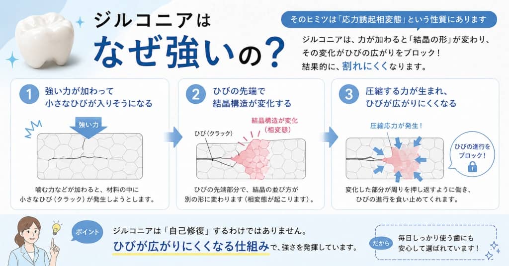 ジルコニアが割れにくい理由の図解