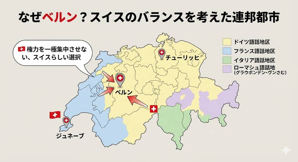 スイスの言語圏マップとベルンの位置