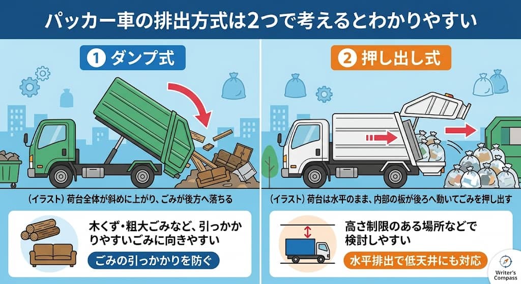ダンプ式と押し出し式の違いがひと目でわかる図解