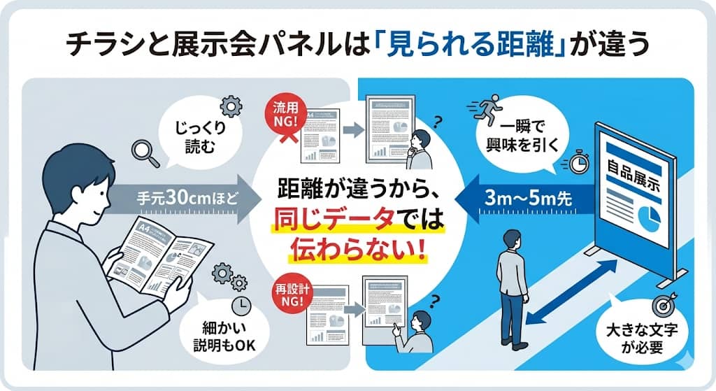 チラシと展示会パネルの視認距離の違い