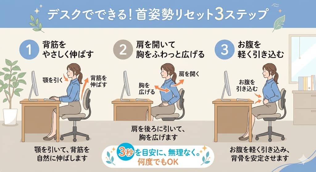 デスクでできる首姿勢リセットの3ステップ