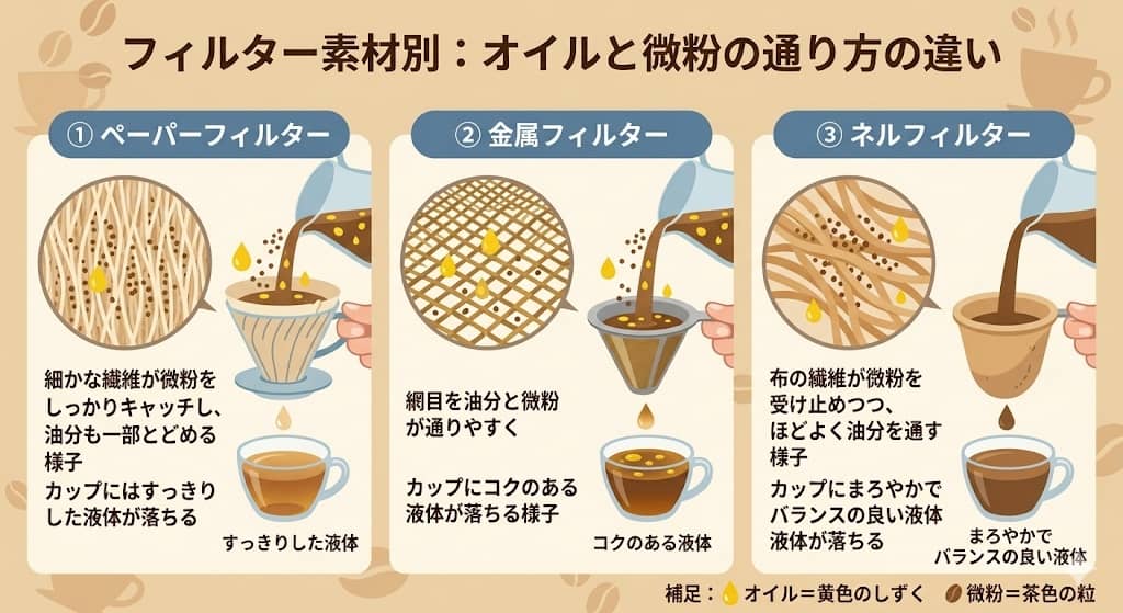 フィルター素材別の抽出メカニズム図解