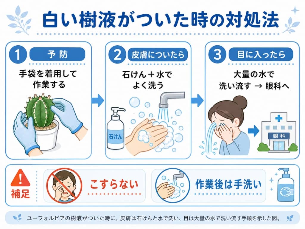 ユーフォルビアの樹液がついた時の安全対処フロー