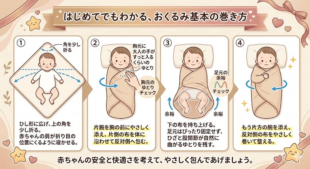安全に配慮したおくるみの基本巻き図解