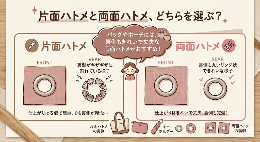 片面ハトメと両面ハトメの仕上がり比較