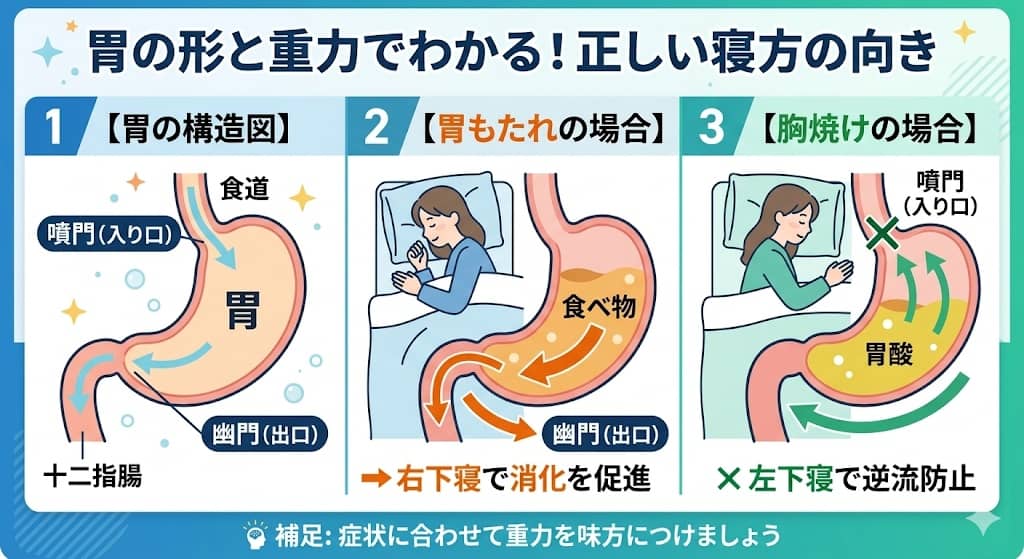 胃の構造と、症状別の正しい寝方（右下・左下）