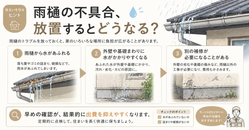 雨樋の不具合が広がる流れの図解