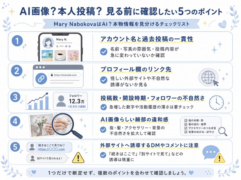 Mary NabokovaはAI？本物情報を見分けるチェックリスト