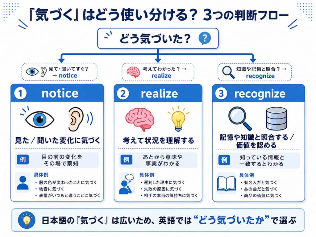 notice・realize・recognizeの判断フロー