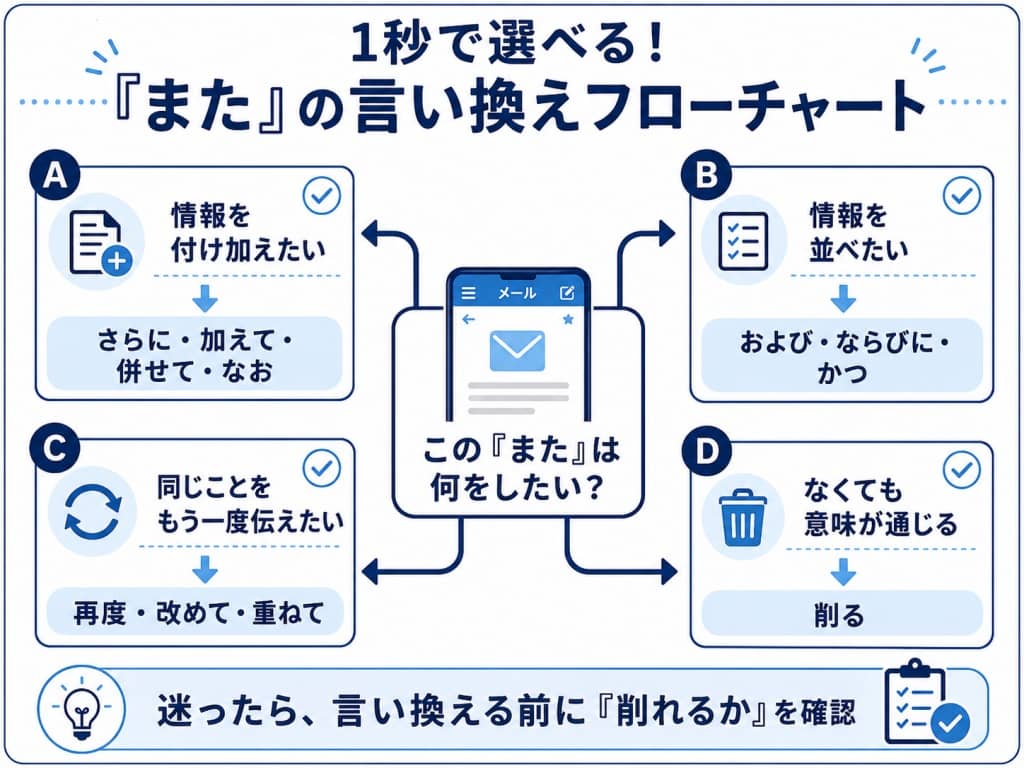 「また」の目的別言い換えフローチャート