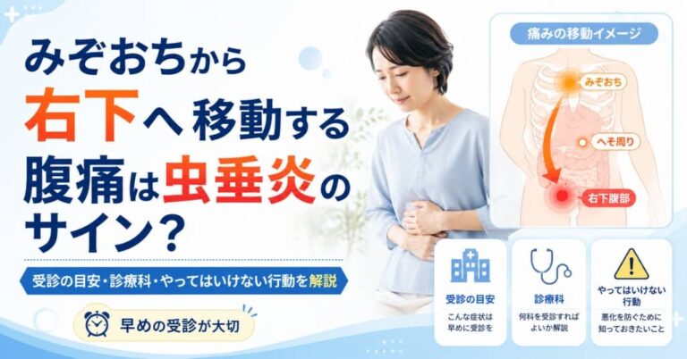 みぞおちから右下へ移動する腹痛は虫垂炎のサイン？受診の目安・診療科・やってはいけない行動を解説