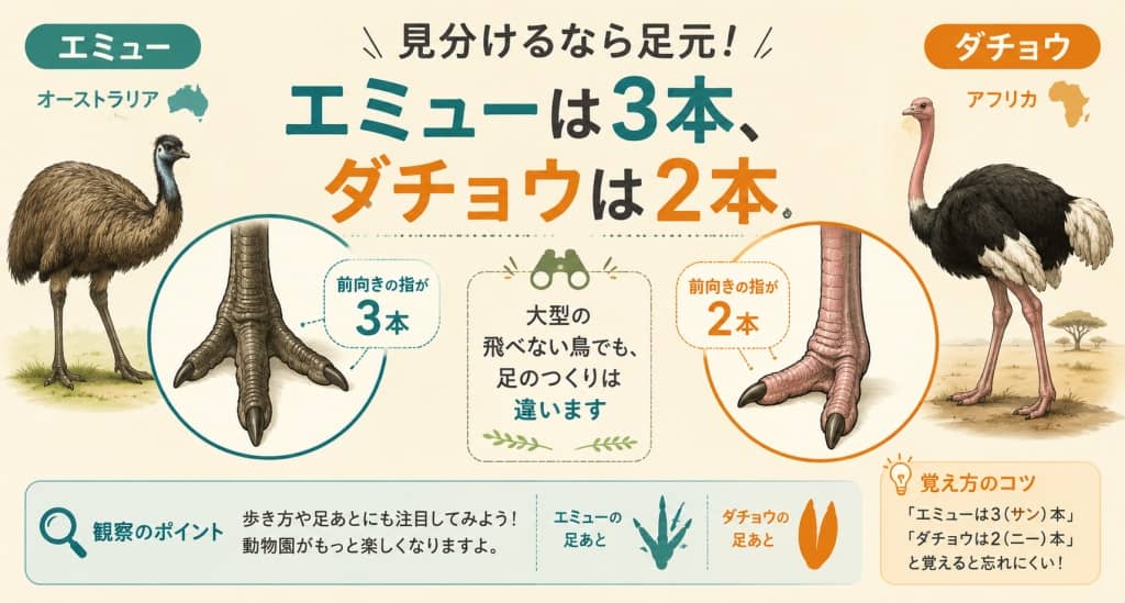 エミューとダチョウの足の指比較