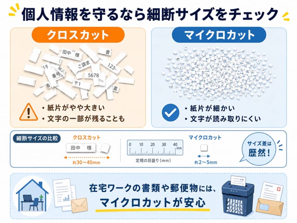 クロスカットとマイクロカットの細断サイズ比較