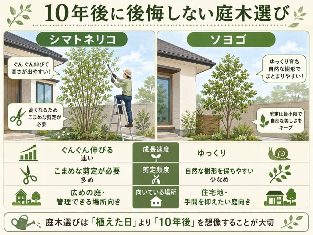 シマトネリコとソヨゴの管理負担比較