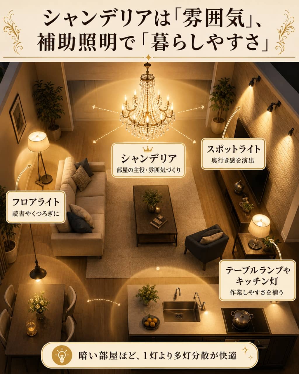 シャンデリアと多灯分散の明るさ計画