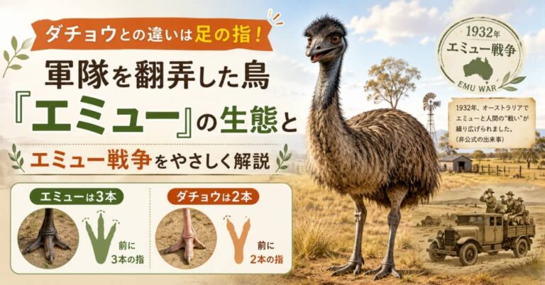 ダチョウとの違いは足の指！軍隊を翻弄した鳥「エミュー」の生態とエミュー戦争をやさしく解説