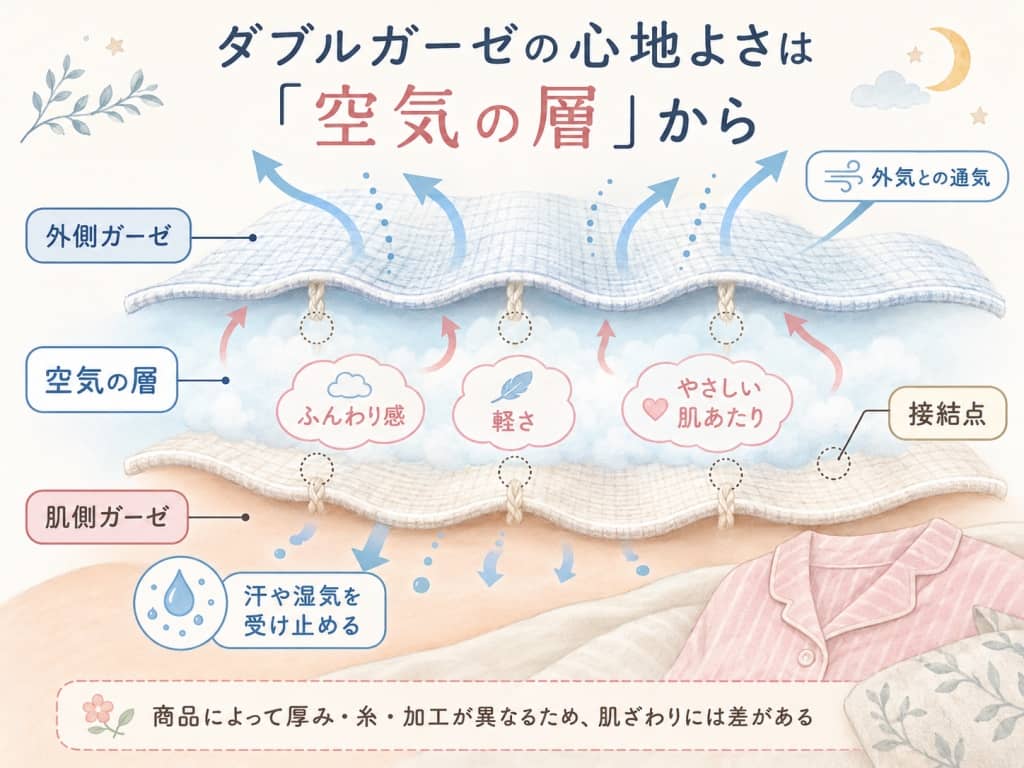 ダブルガーゼの「空気の層」メカニズム図解