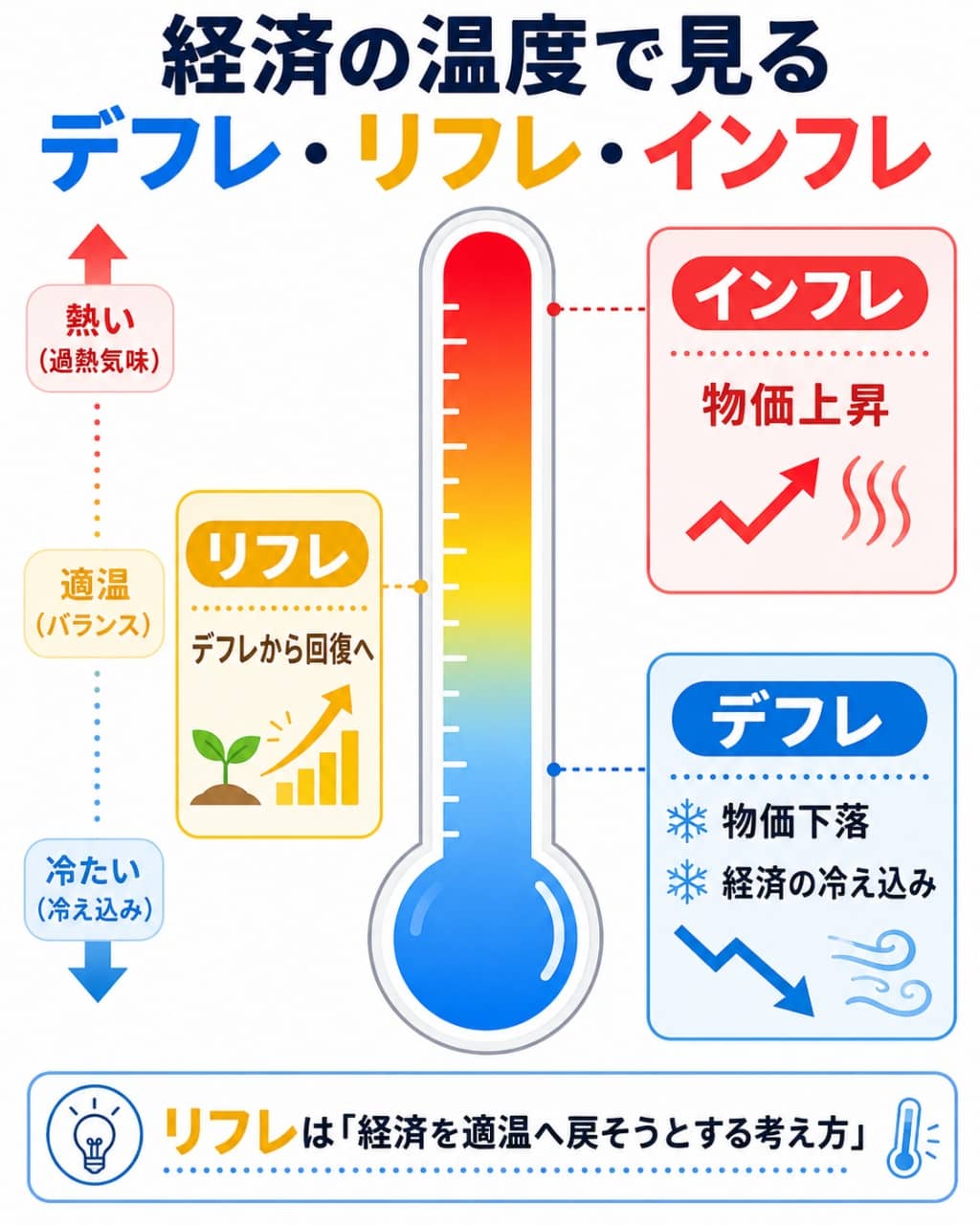 デフレ・リフレ・インフレの温度計図解