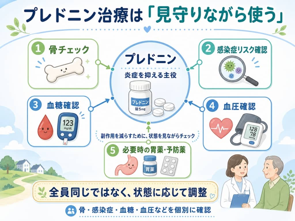プレドニン治療で行う「副作用の先回りチェック」図