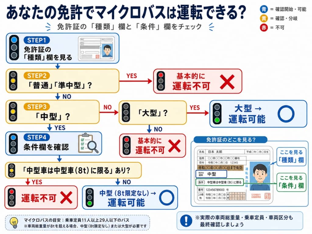 マイクロバスを運転できる免許の確認フローチャート
