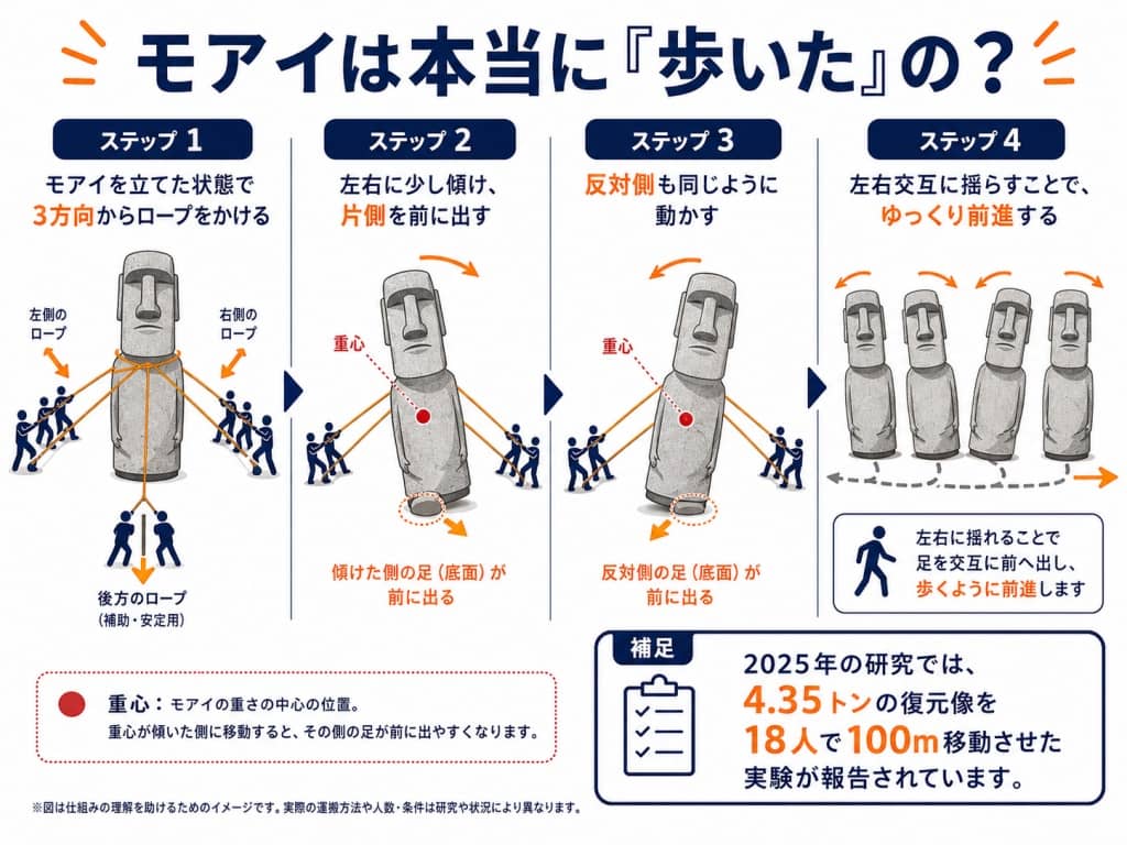 モアイの「歩く運搬」メカニズム図解