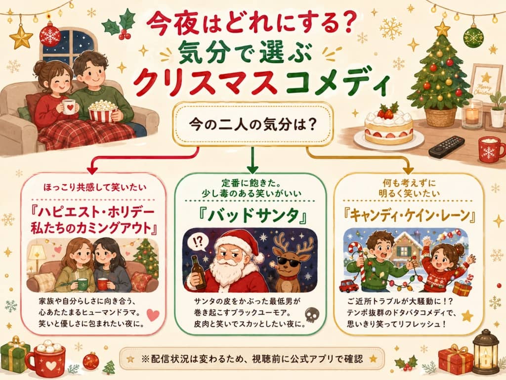 今の気分で選ぶクリスマスコメディ映画フローチャート