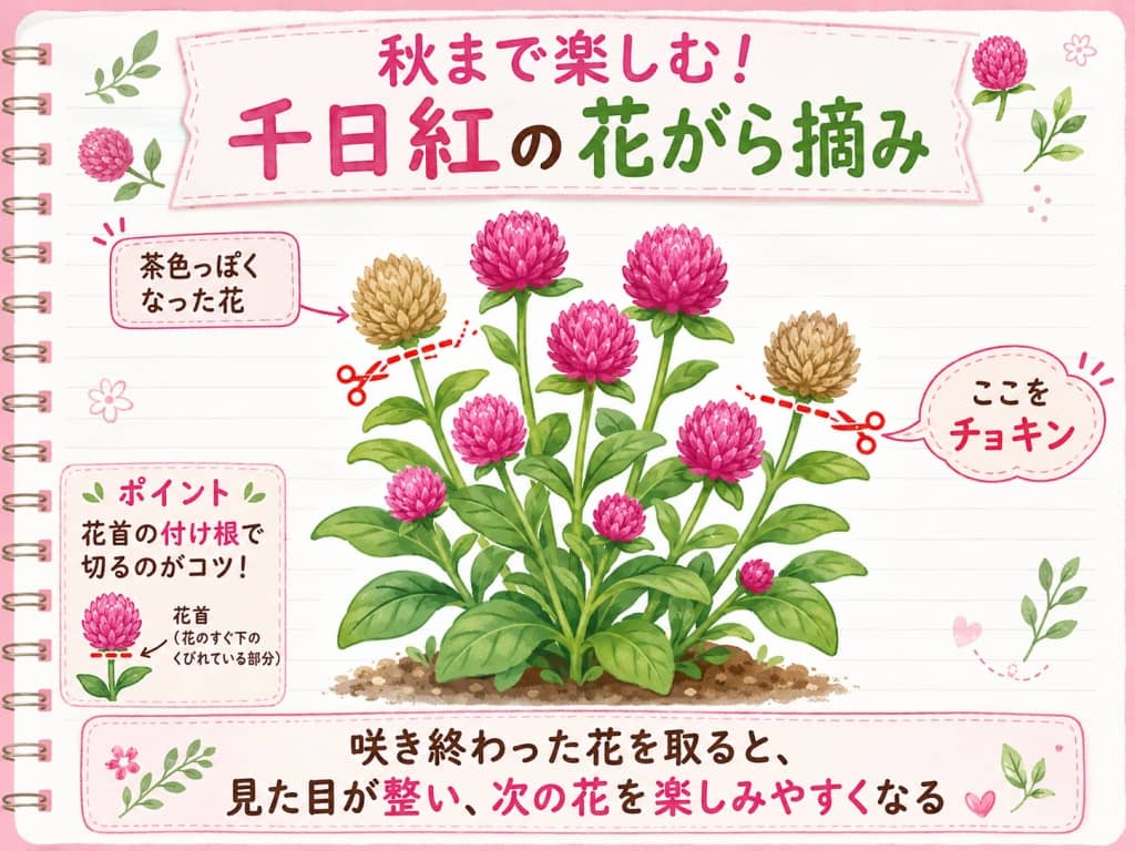 千日紅の花がら摘み・切る場所の図解