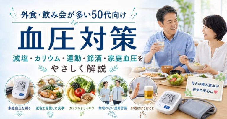 外食・飲み会が多くても血圧は整えられる？50代から始める減塩・運動・節酒のやさしいコツ