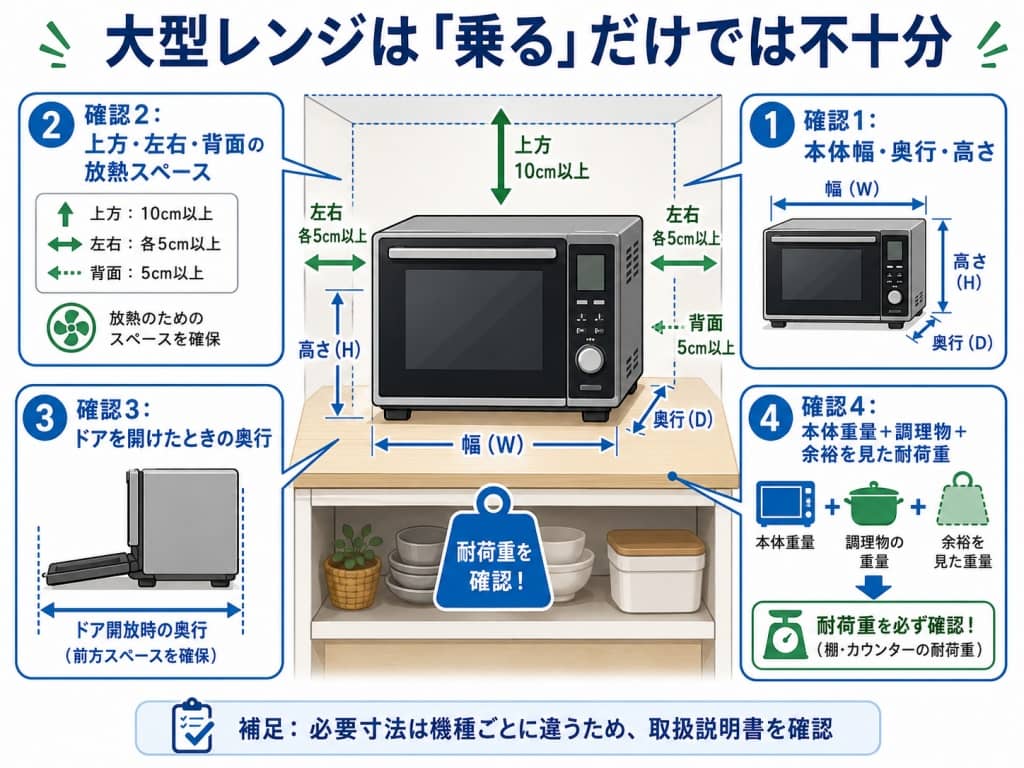 大型オーブンレンジ設置前のサイズ確認図