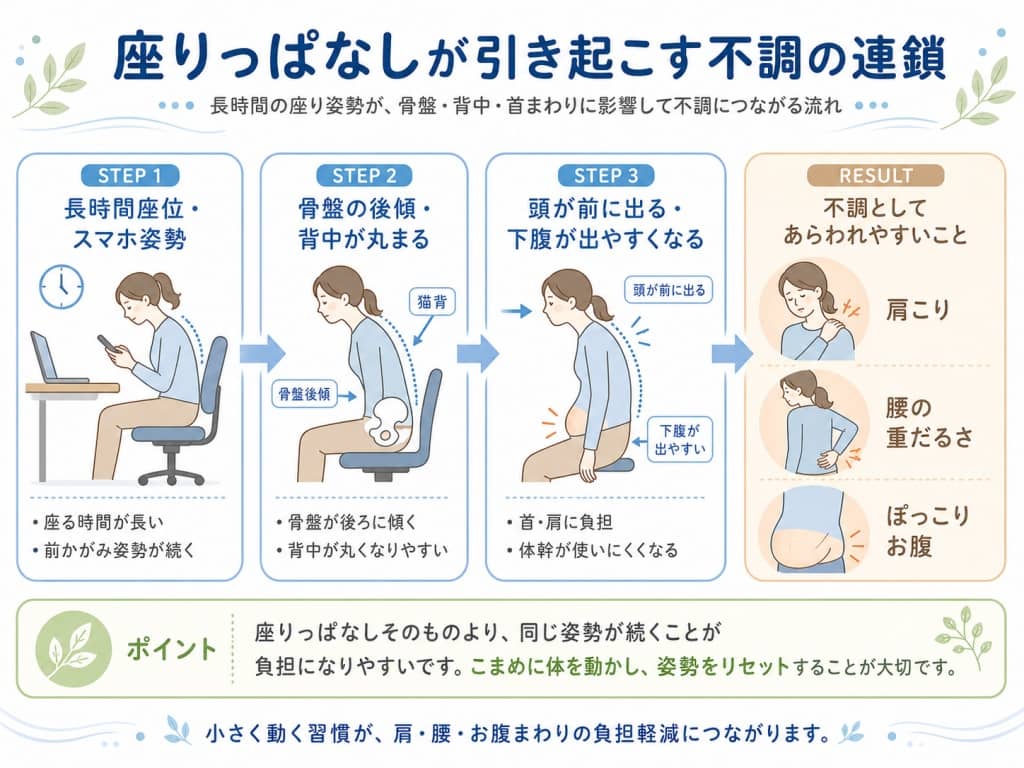 座りっぱなしから不調につながる流れ