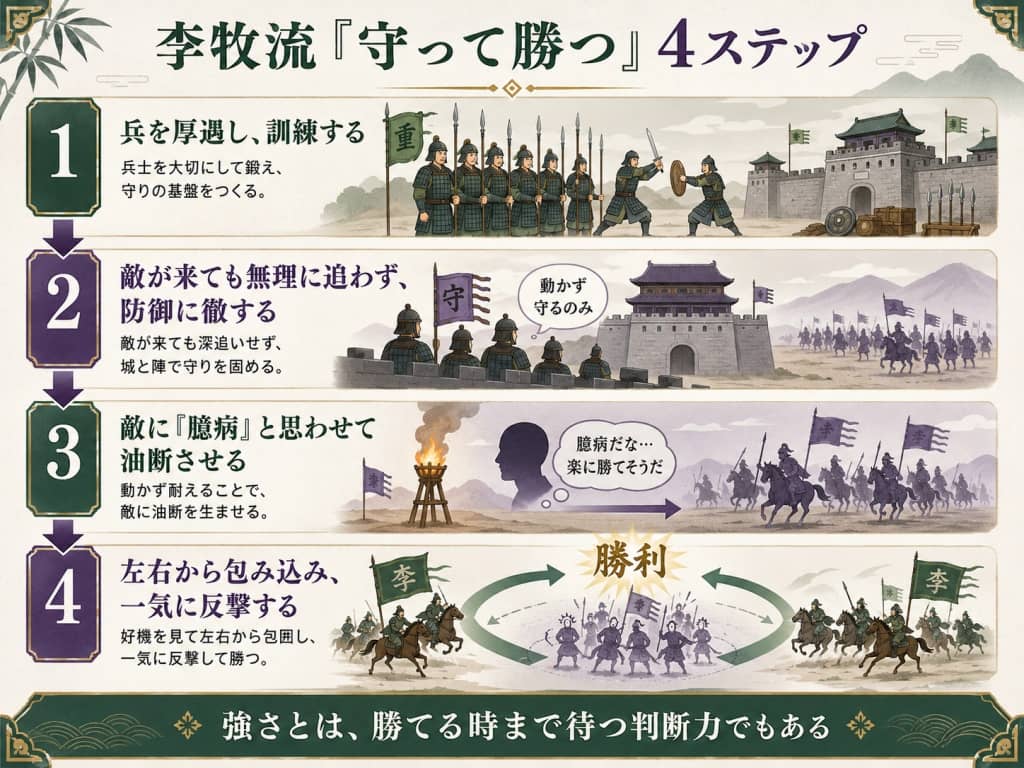 李牧の「守って勝つ」戦略フロー