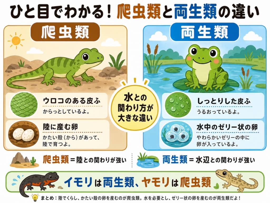 爬虫類と両生類の違い比較イラスト