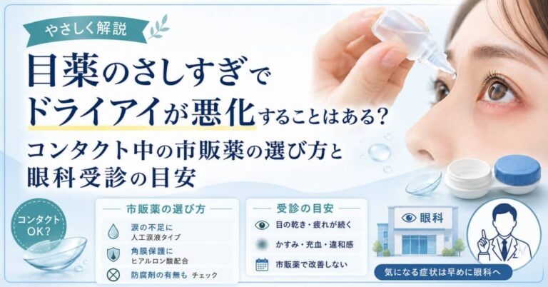 目薬のさしすぎでドライアイが悪化することはある？コンタクト中の市販薬の選び方と眼科受診の目安