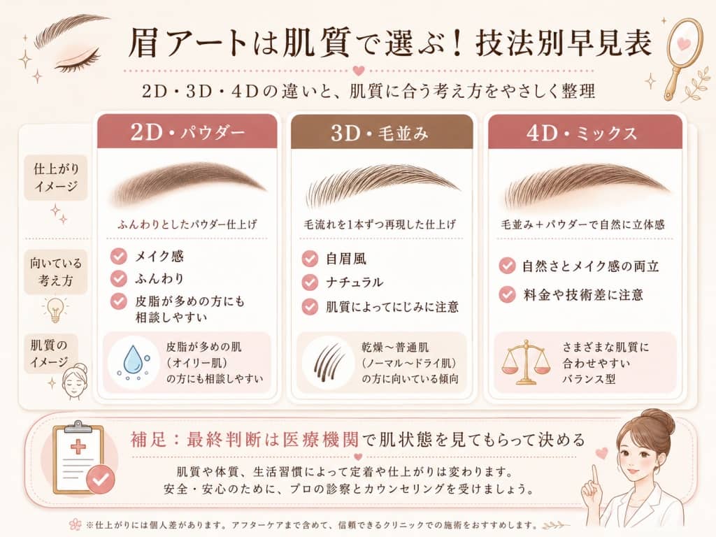 眉アート技法と肌質の相性早見表