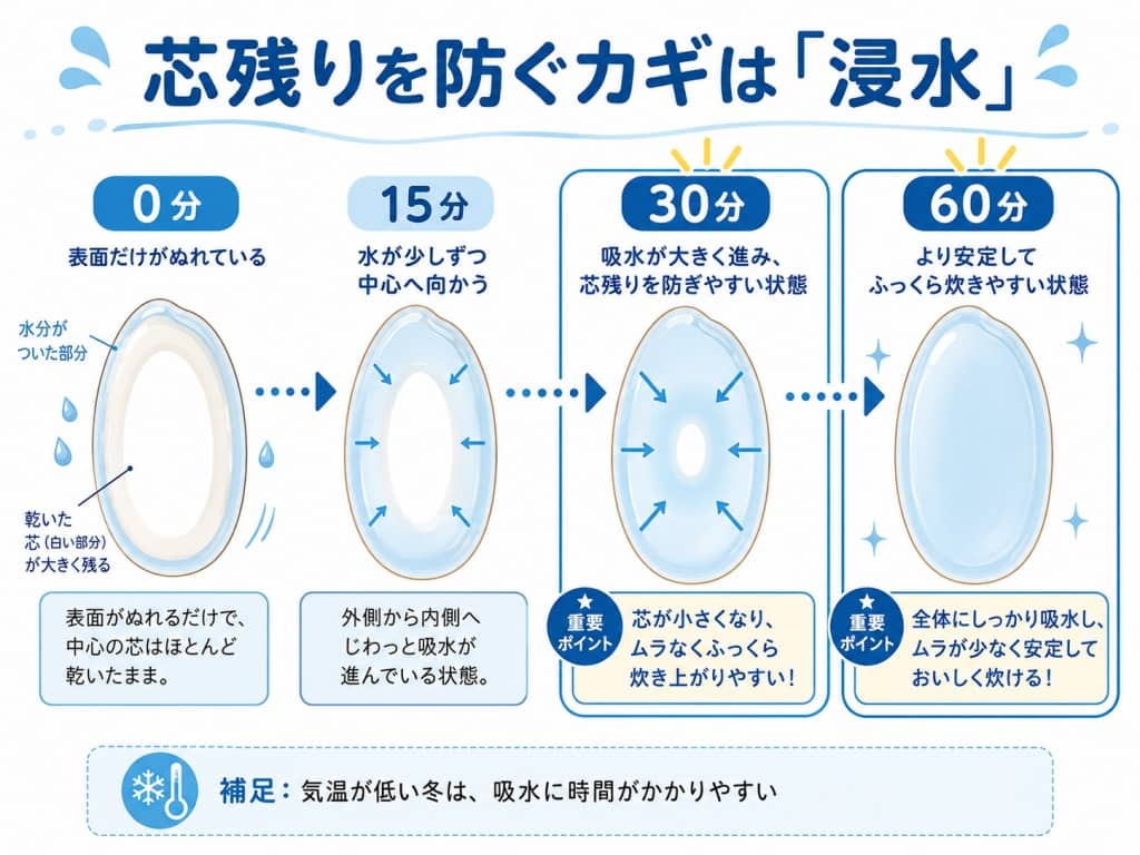 米の浸水時間と芯残り防止の図解