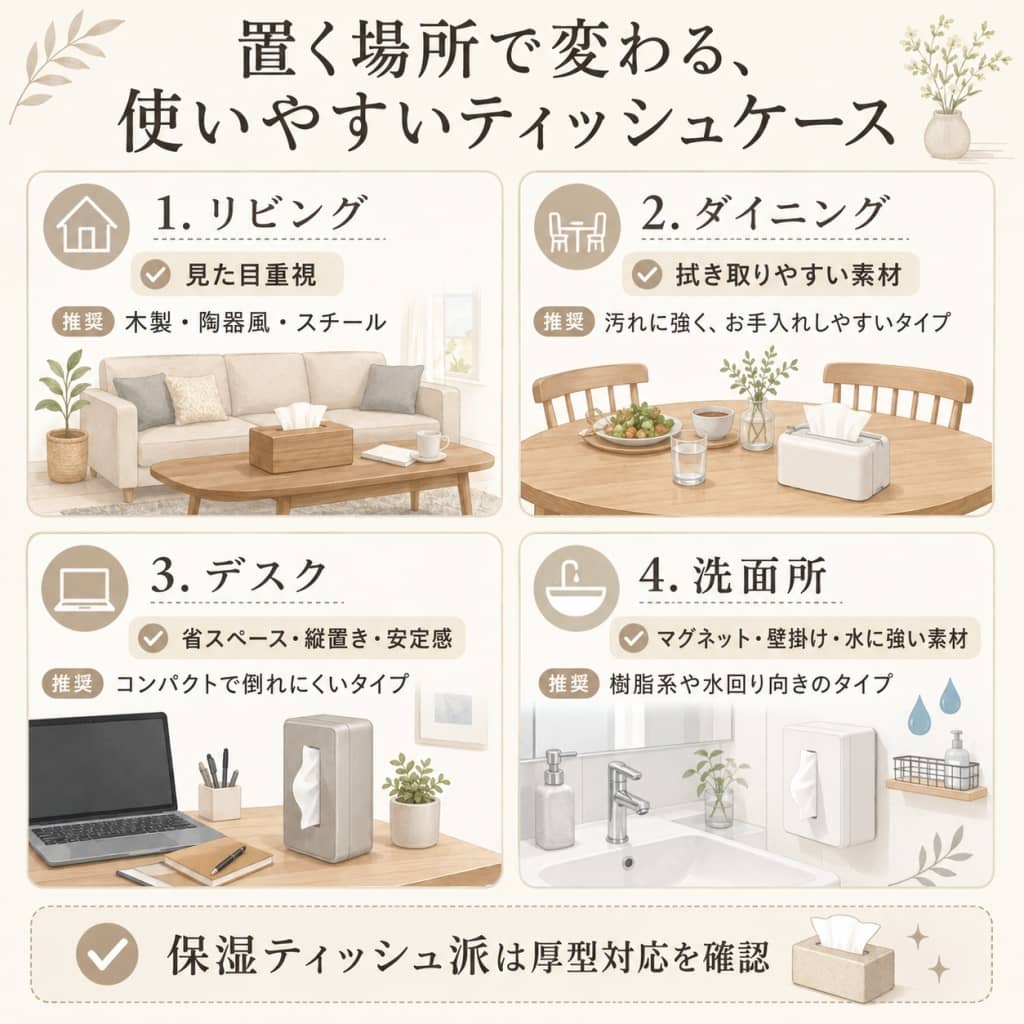 置く場所別ティッシュケースの選び方