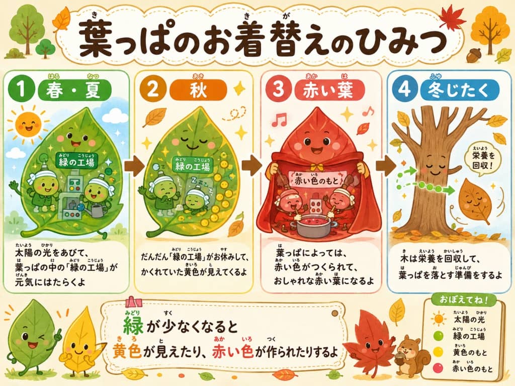 葉っぱの色の変化を子ども向けに伝える図解