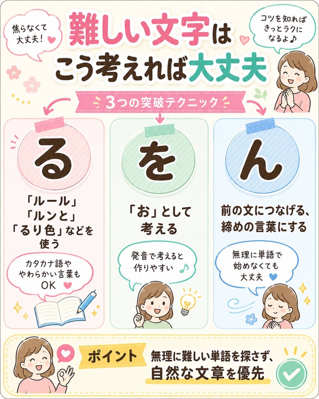 難しい文字「る・を・ん」の突破テクニック