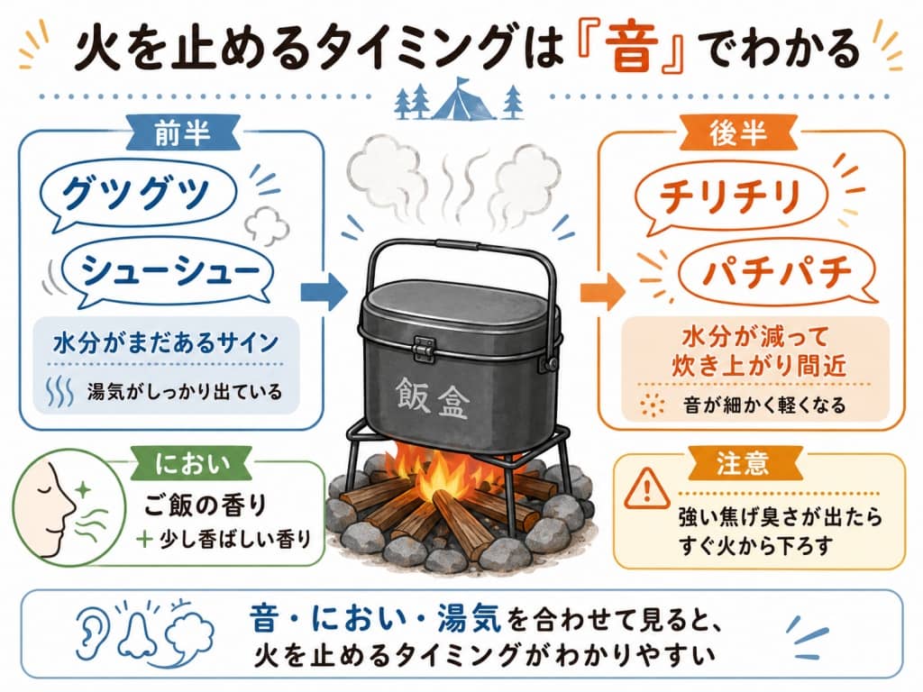 飯盒炊爨の炊き上がりサイン図解