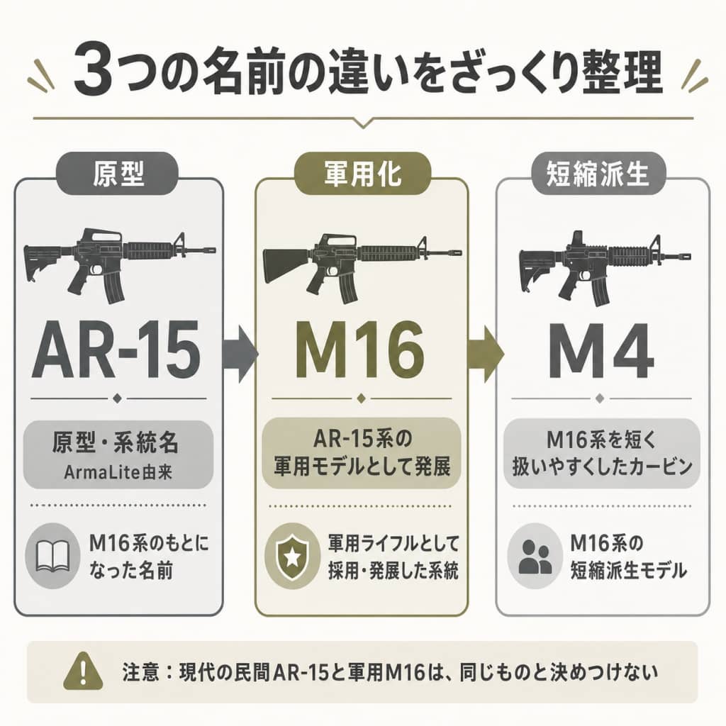 AR-15・M16・M4の関係早見表