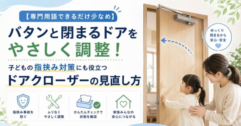 【専門用語できるだけ少なめ】バタンと閉まるドアをやさしく調整！子どもの指挟み対策にも役立つドアクローザーの見直し方