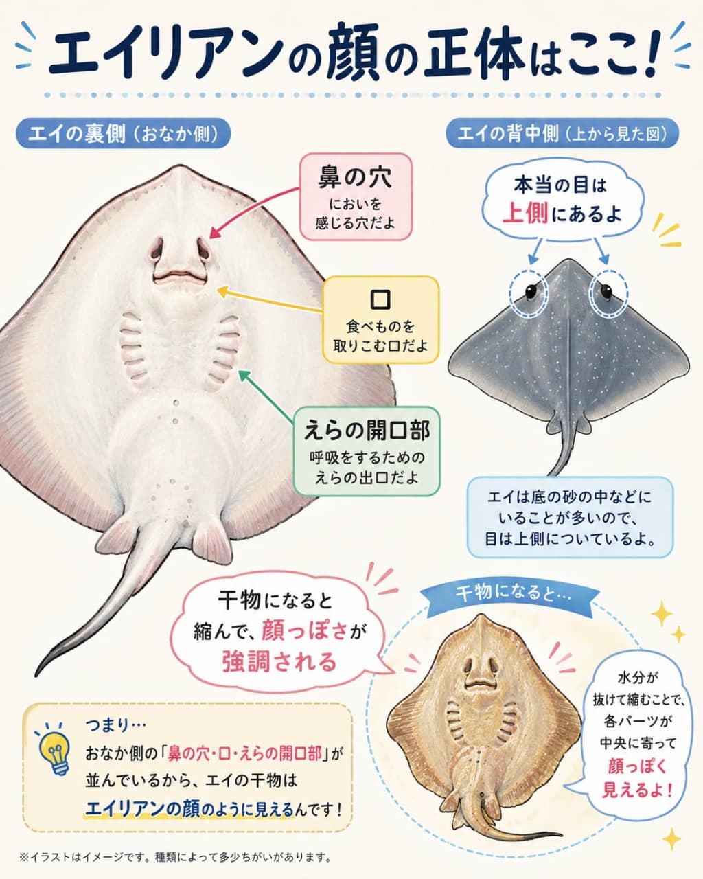 エイの「顔っぽく見える部分」の正体を図解