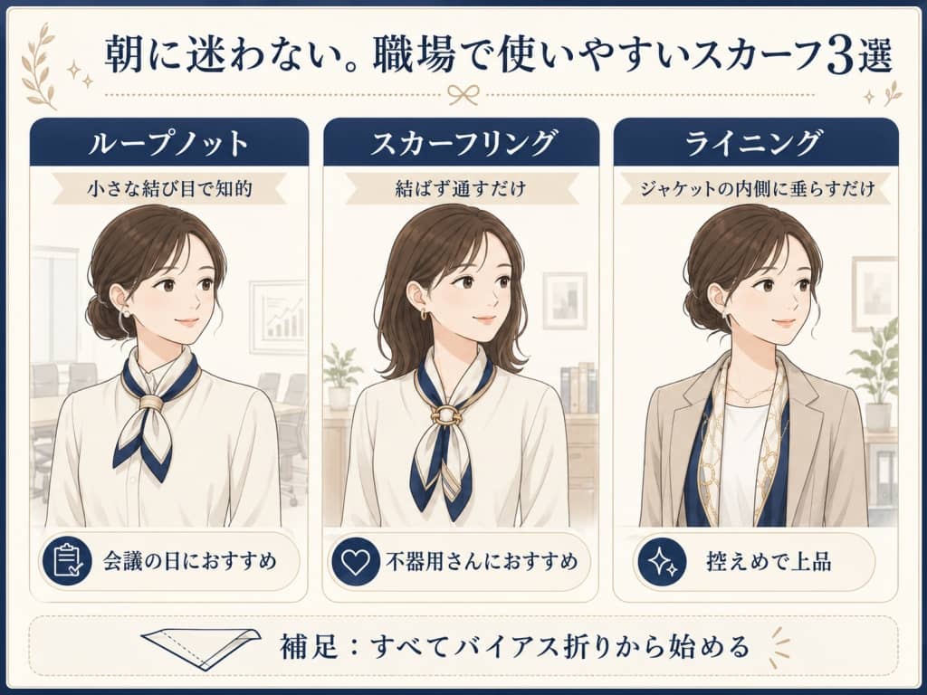 オフィス向けスカーフ巻き方3パターン
