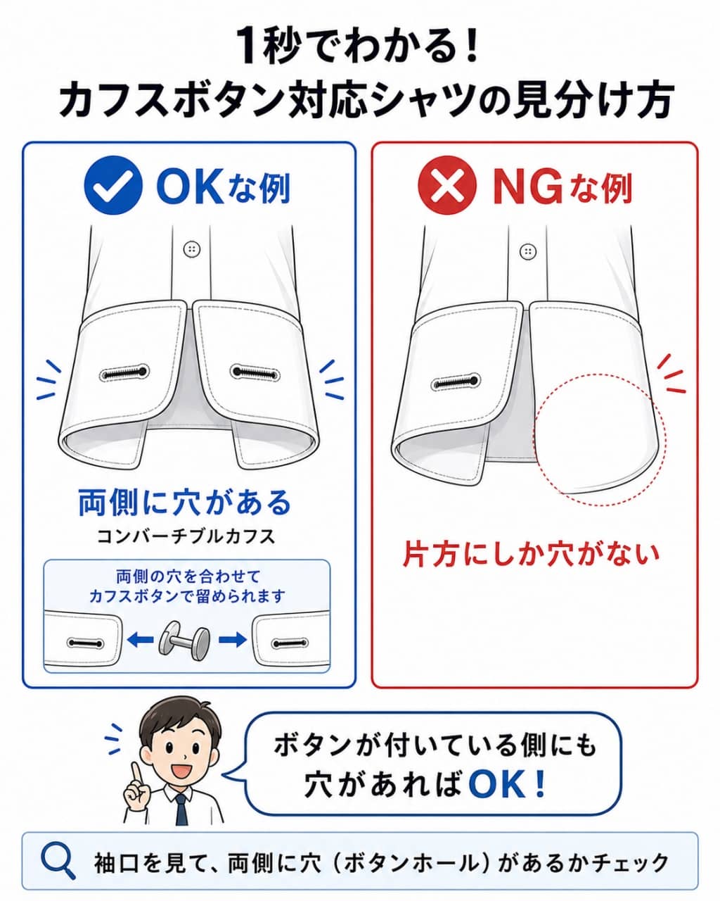 カフスボタンが付けられるシャツの見分け方