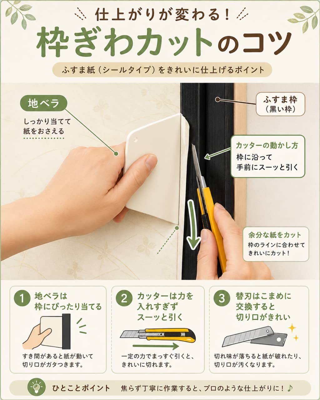 シール襖紙を枠に沿ってカットする手元アップ図